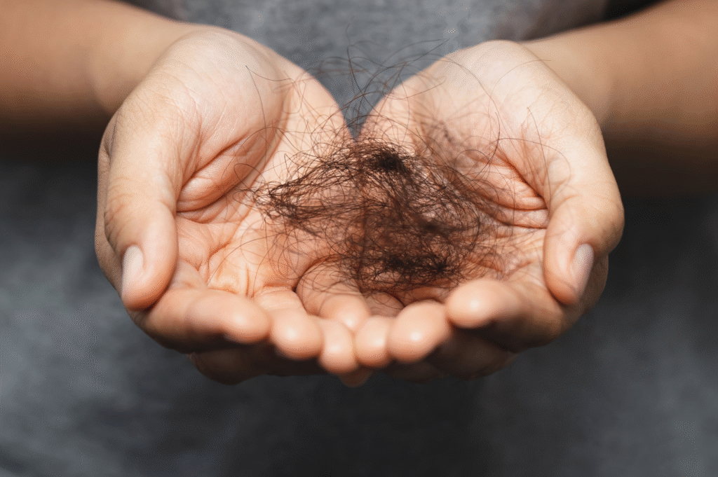 Postpartum hair loss in the UAE shown by clumps of hair in hand—relief possible with The Gulf Shower rinse.