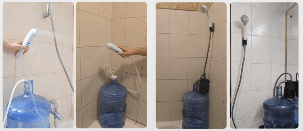 Portable bottled water shower for gentle rinsing – perfect for sensitive skin and hair in hard water regions.